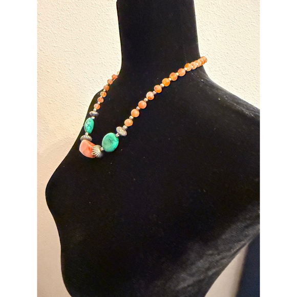 Jewelry - Carnelian & Turquoise Beaded Necklace Boho Artisan Silver Tone Gemstone Jewelry